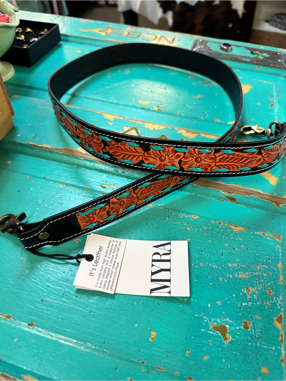 NWT Kai Turquoise Stitch Tooled Leather Purse Strap - Picture 4 of 5